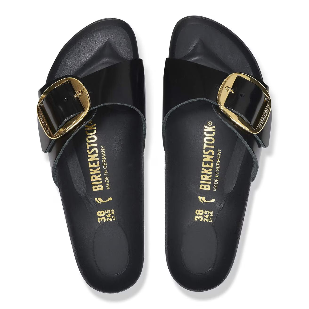 BIRKENSTOCK - Mule MADRID - Grosse boucle dorée - Cuir naturel vernis - Noir
